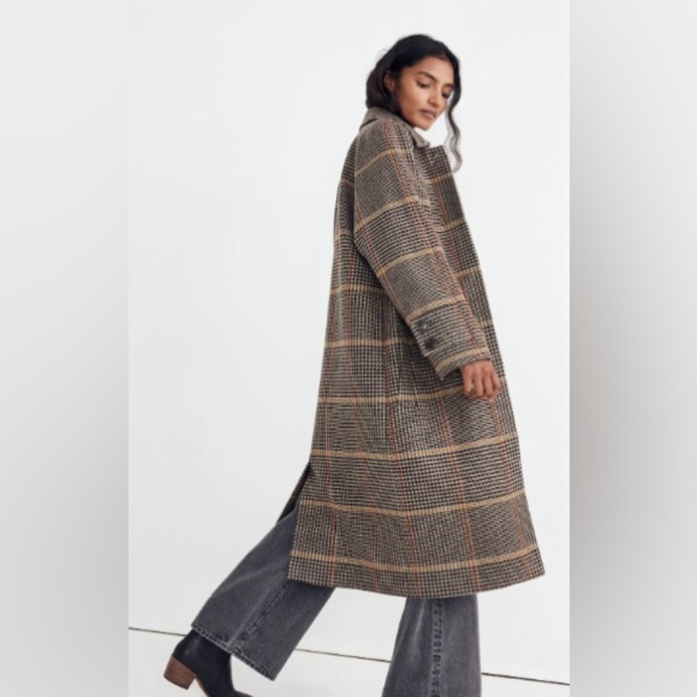 Madewell Plaid Long Wool-Blend Coat in Brown and Tan